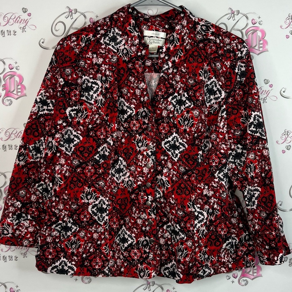 Christopher & Banks shirt top button up blazer Red and Black Floral Blouse
